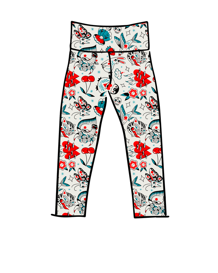 Drawing of Thunderpants 3/4 Length Leggings in Inked Up print - red, blue, and black tattoo designs.