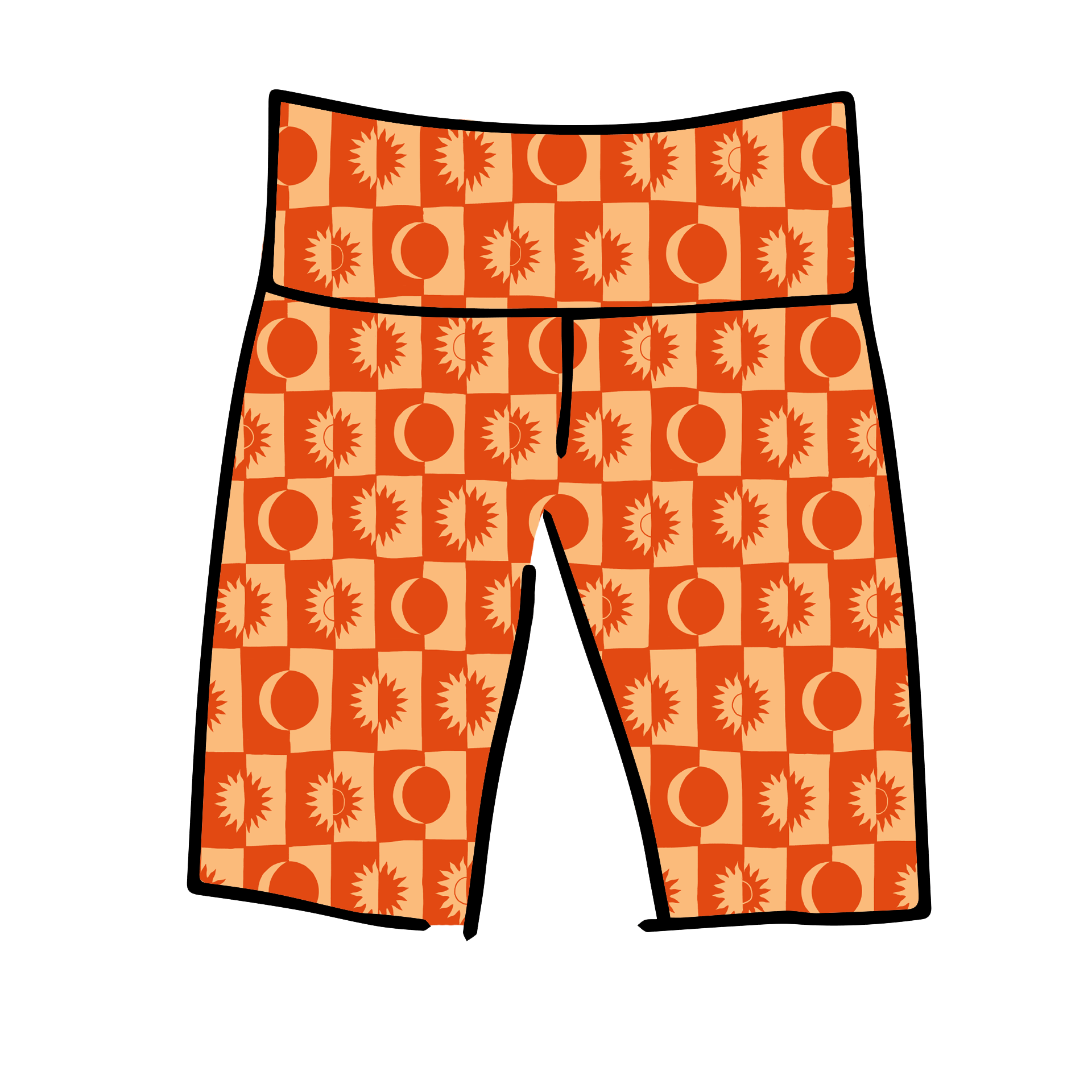 Drawing of Thunderpants Bike Shorts in Autumn Equinox print.