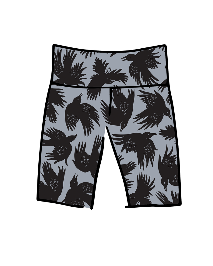 Drawing of Thunderpants Bike Shorts in So it Crows - black crows on grey.