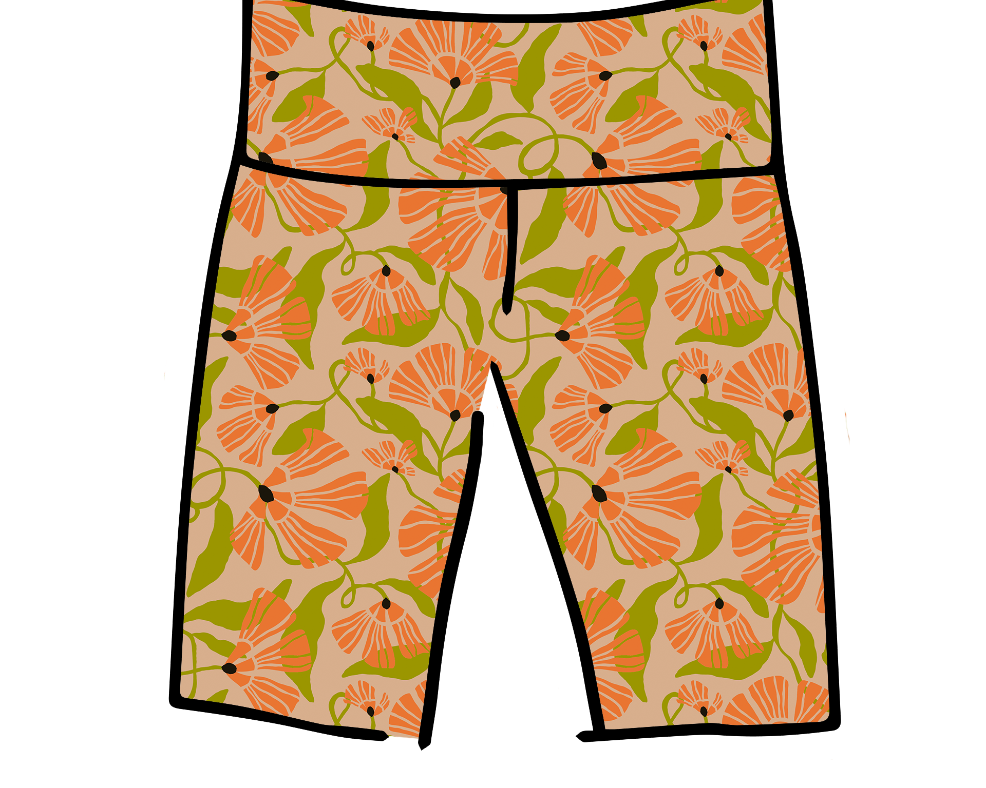 Drawing of Thunderpants Bike Shorts in Secret Garden - tan background with orange and green flowers.