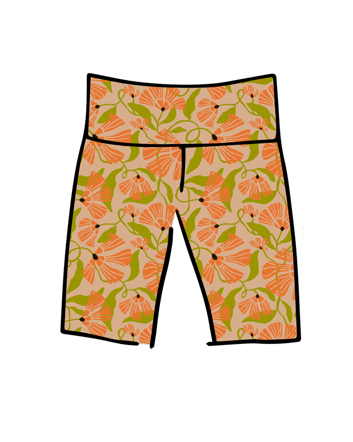 Drawing of Thunderpants Bike Shorts in Secret Garden - tan background with orange and green flowers.