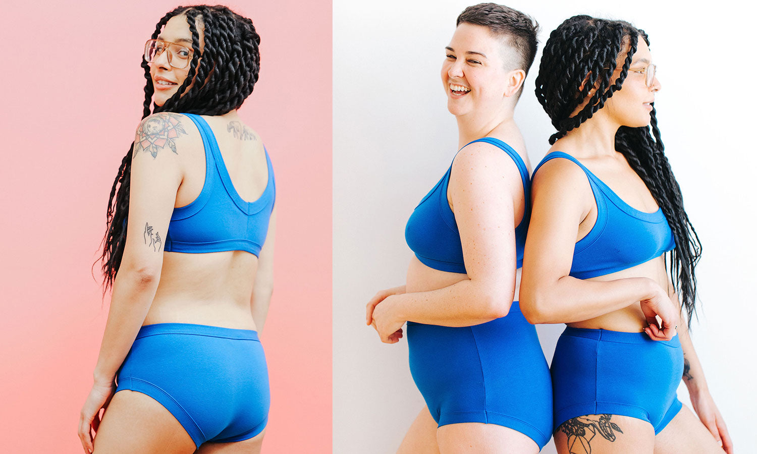 Models wearing Thunderpants Bralette and various underwear style sets in Blueberry Blue.
