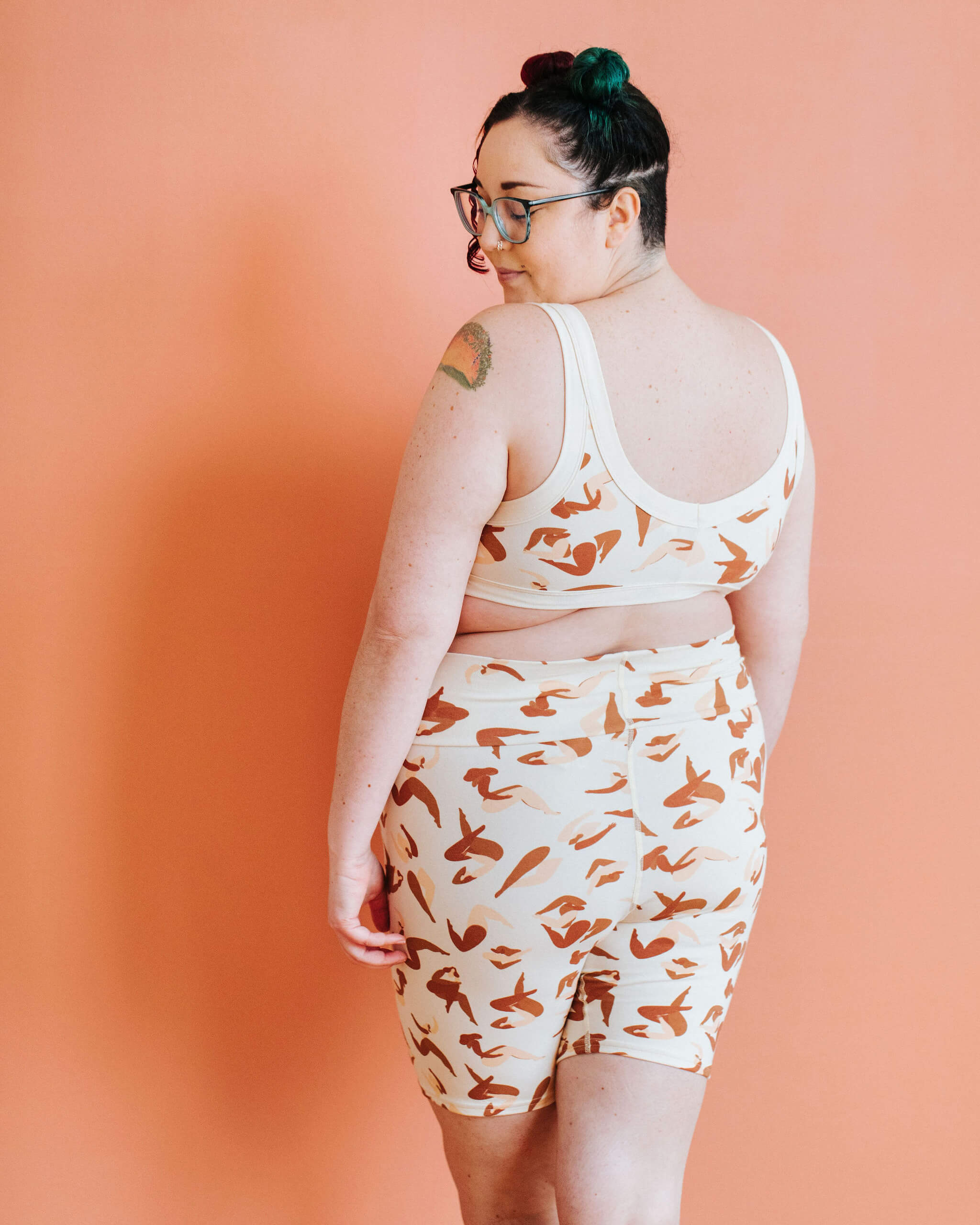 Model wearing Thunderpants Bike Shorts in Bodies in Motion print.