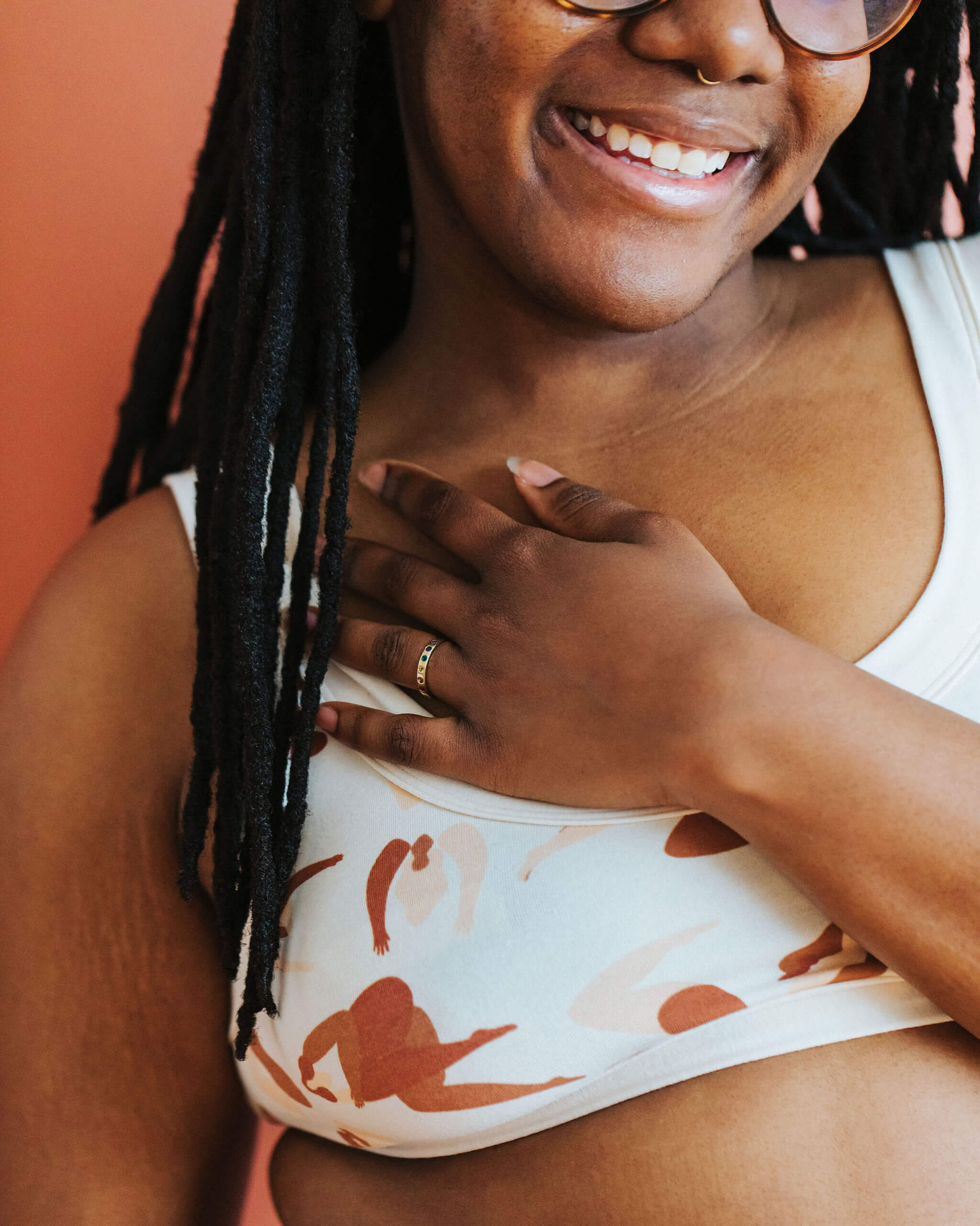 Close up of model wearing Thunderpants Bralette in Bodies in Motion.