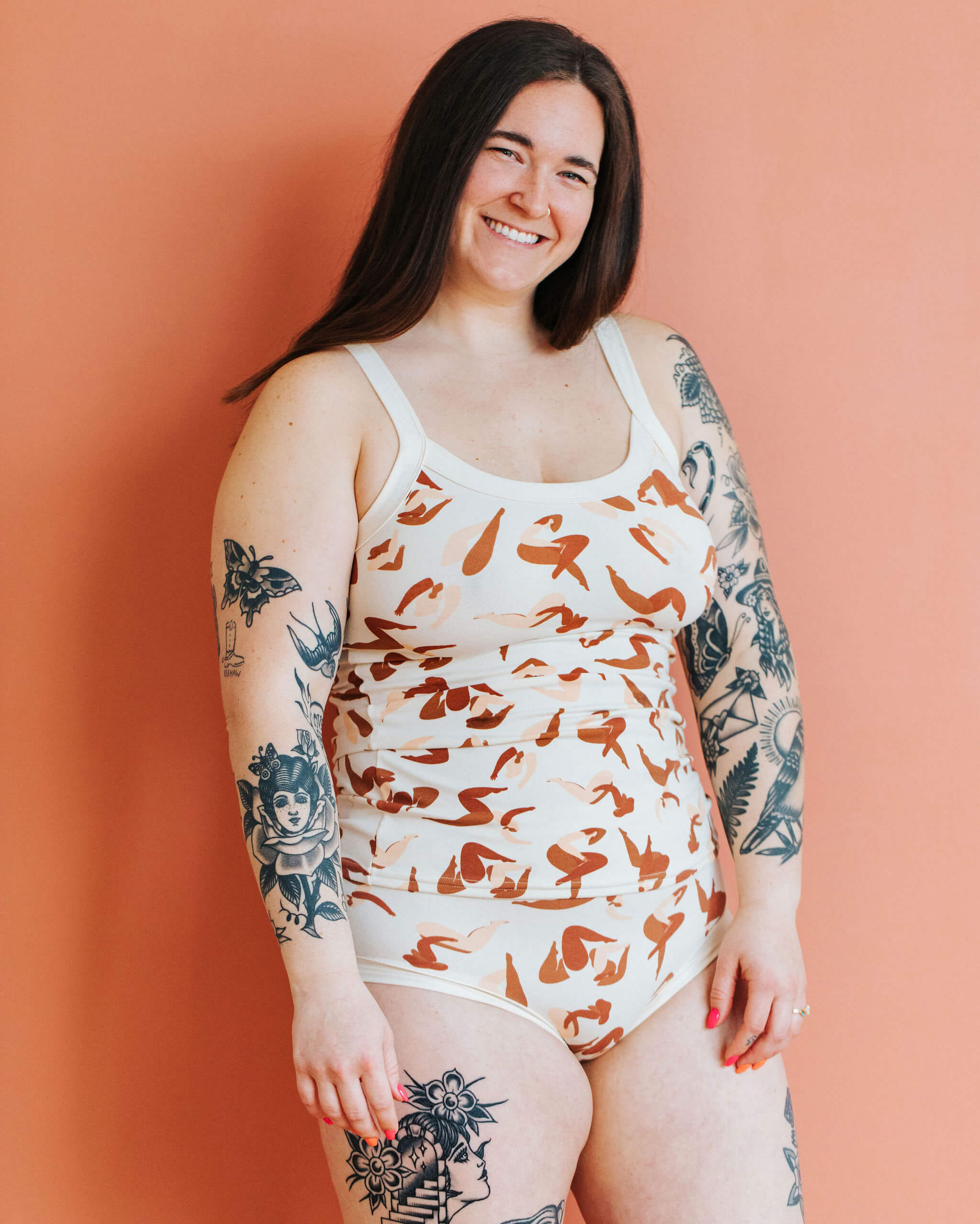 Model wearing Thunderpants Camisole and Hipster style underwear in Bodies in Motion print.