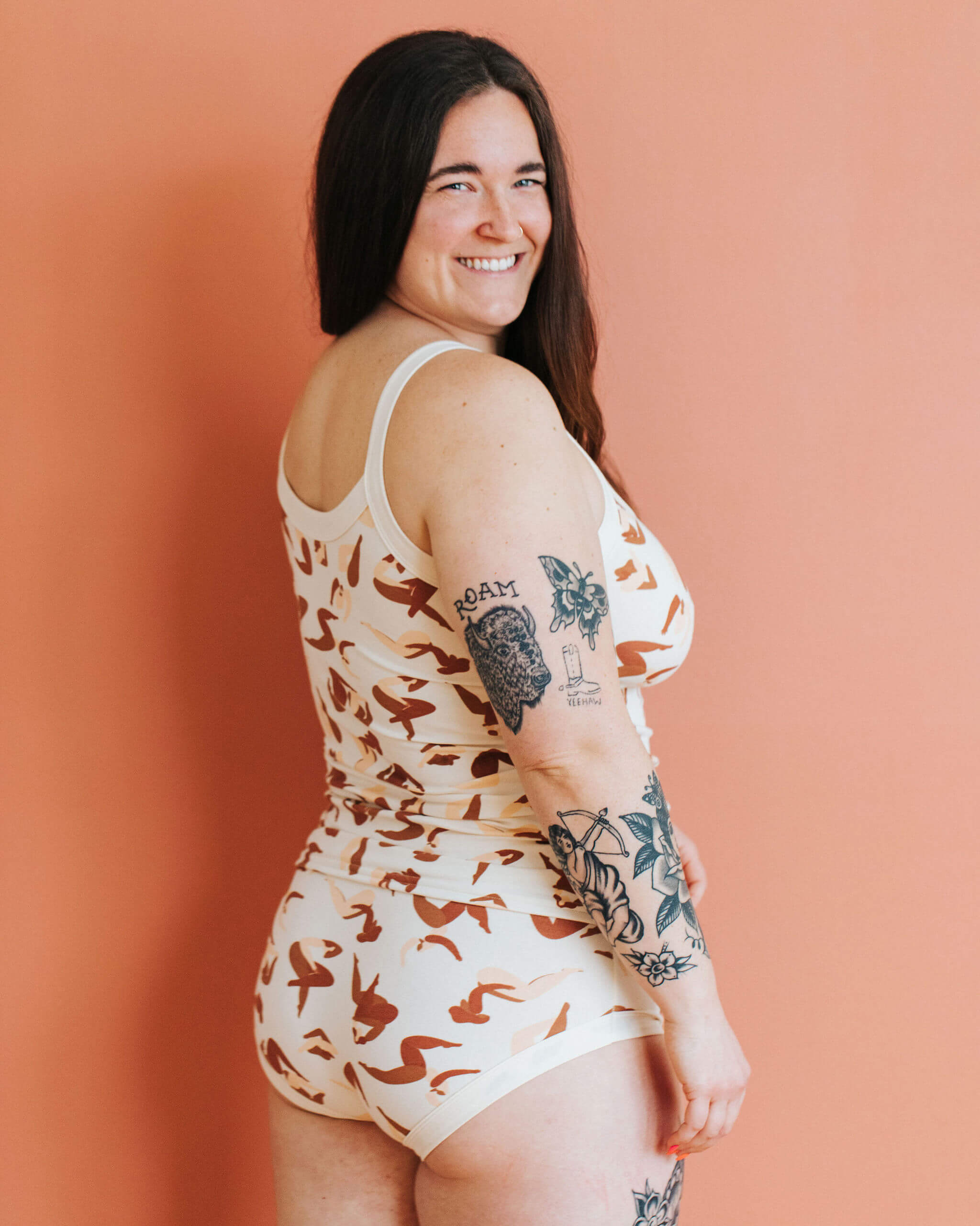 Model wearing Thunderpants Camisole and Hipster style underwear in Bodies in Motion print.