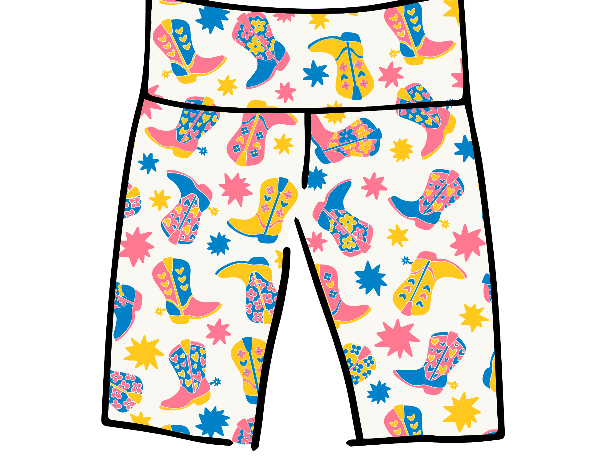 Drawing of Thunderpants Bike Shorts in Boot Scootin' print.