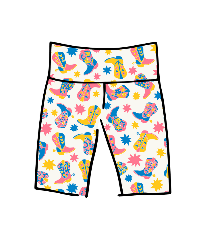 Drawing of Thunderpants Bike Shorts in Boot Scootin' print.