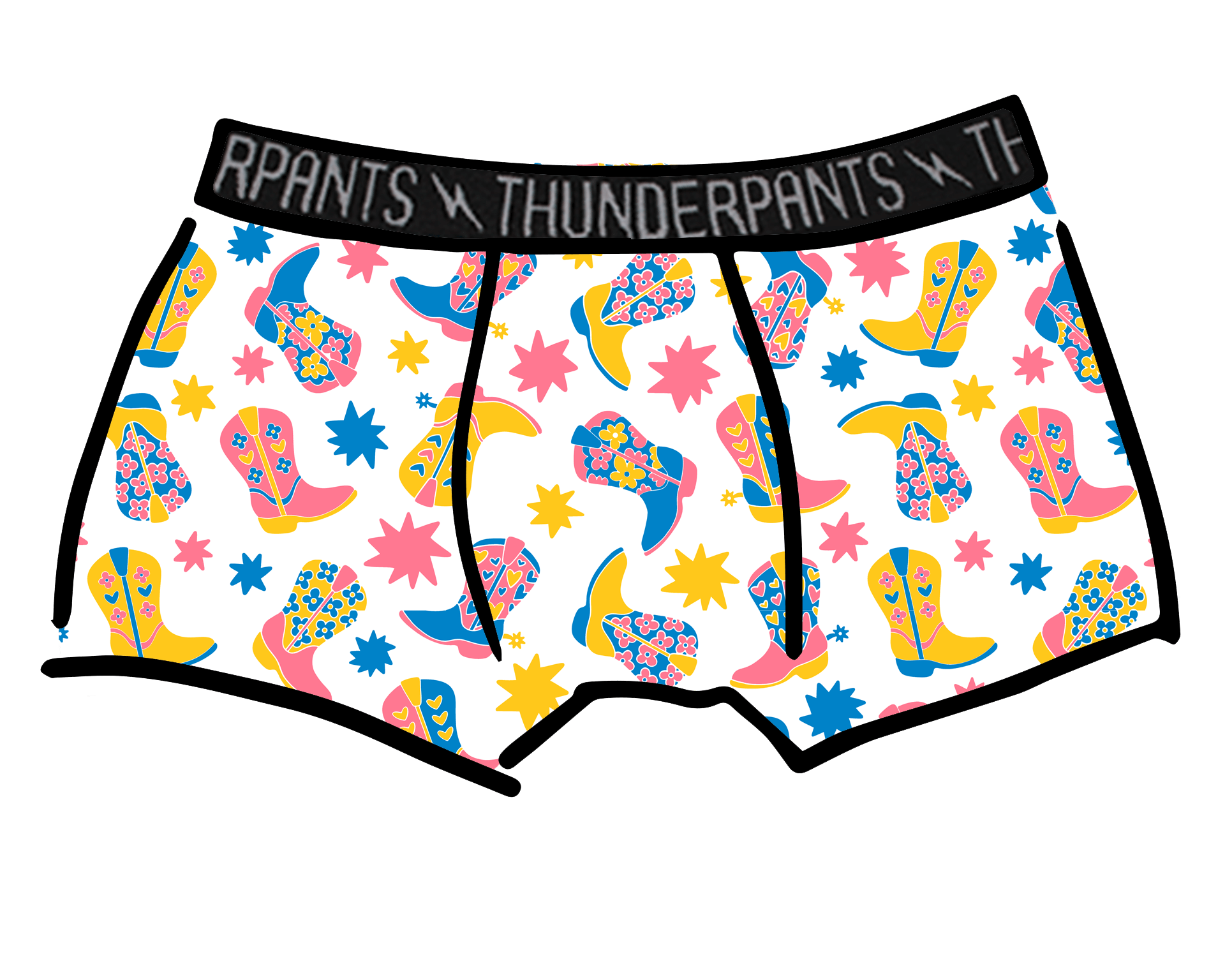 Drawing of Thunderpants Boxer Brief style underwear in Boot Scootin' print.
