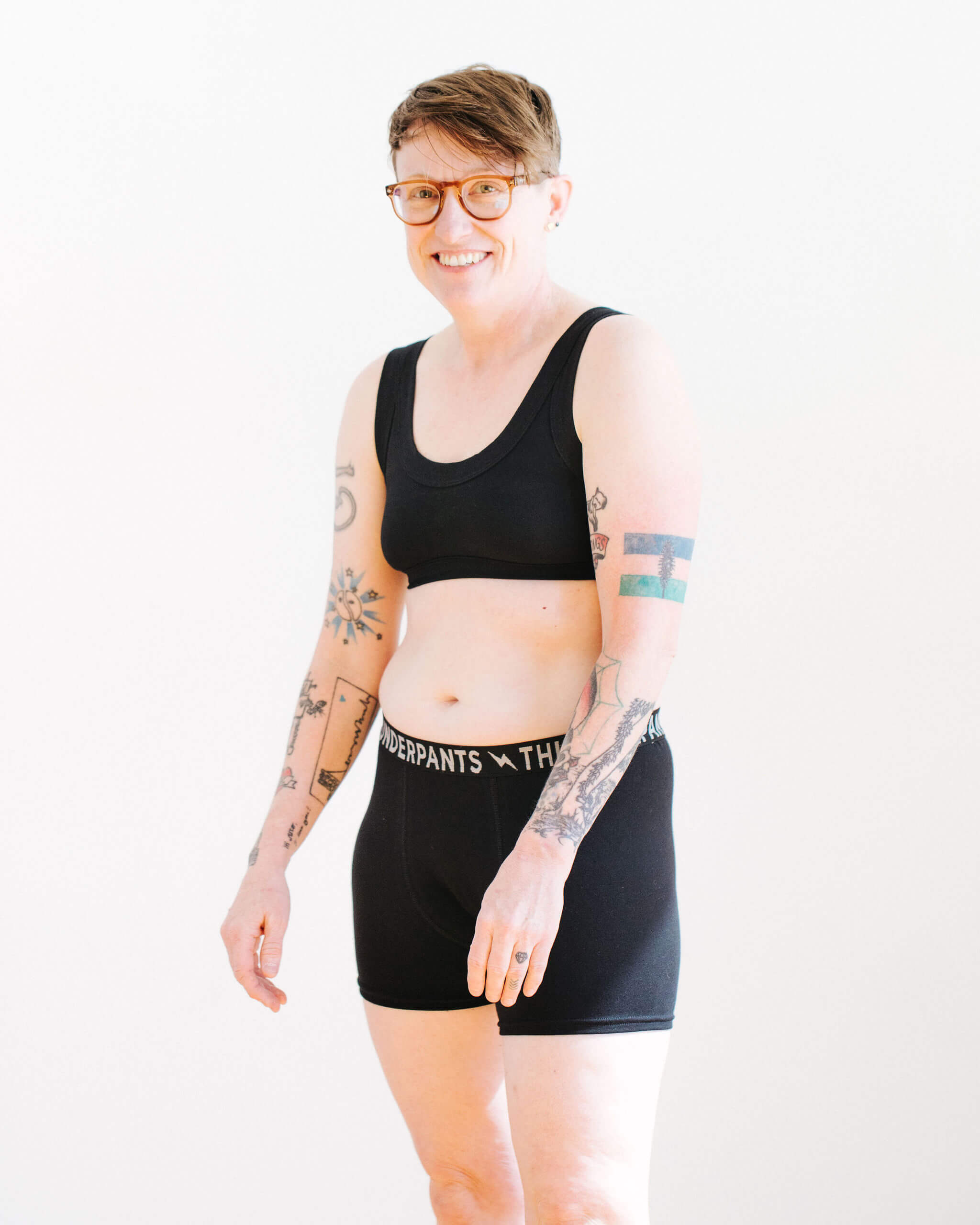 Model wearing Thunderpants Boxer Brief style underwear in Plain Black.