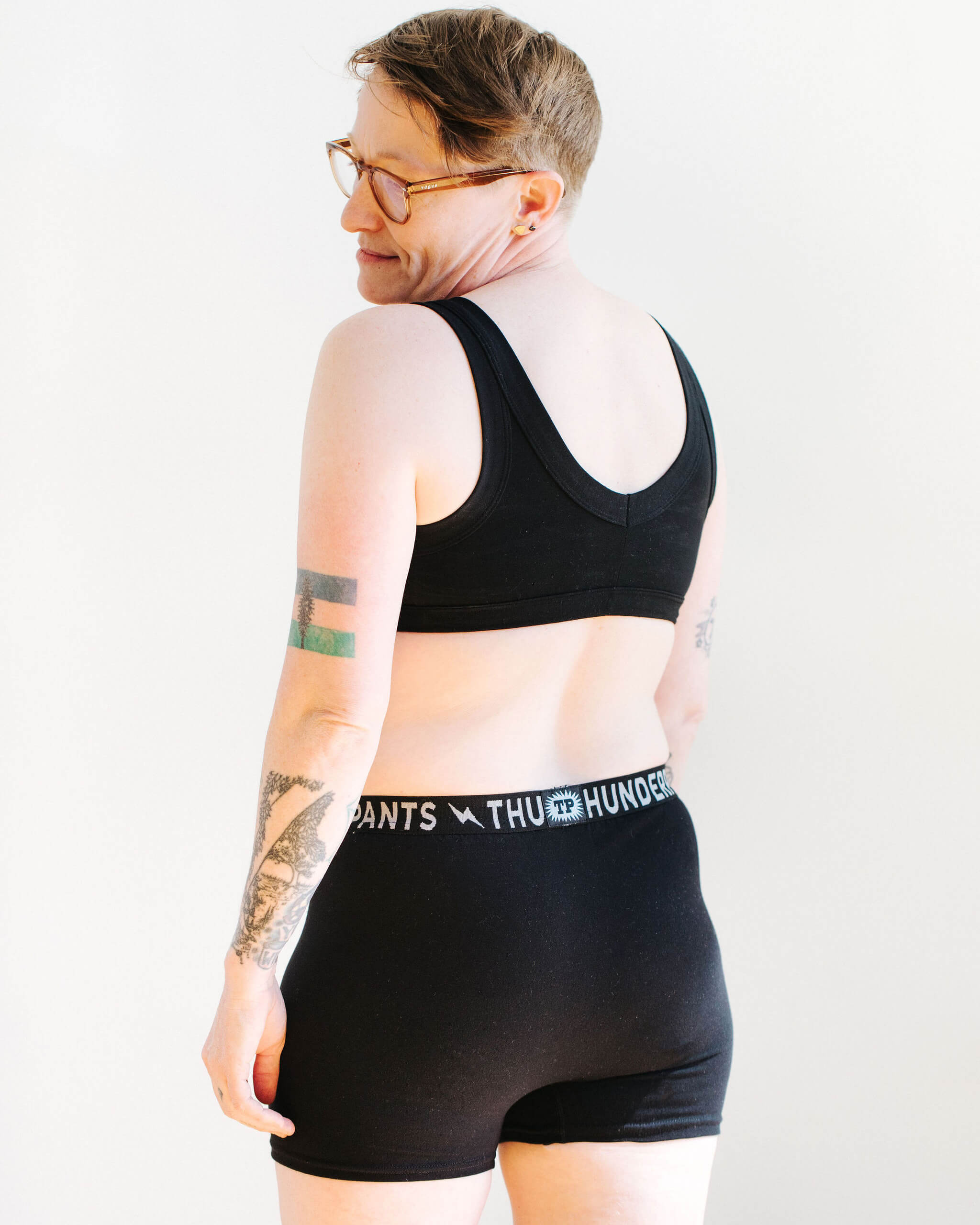 Model wearing Thunderpants Boxer Brief style underwear in Plain Black