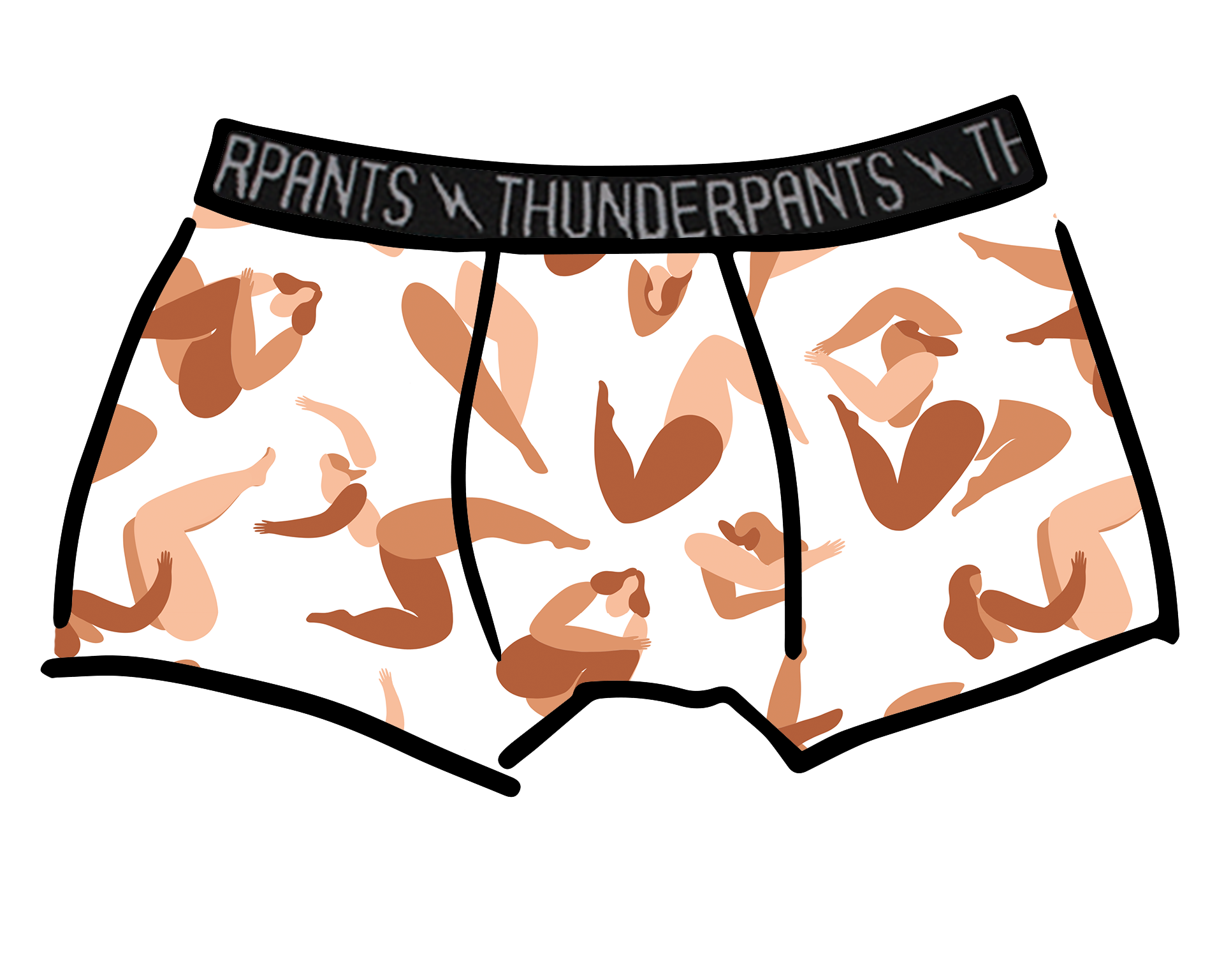 Drawing of Thunderpants Boxer Brief style underwear in Bodies in Motion - women dancing in various neutral colors.