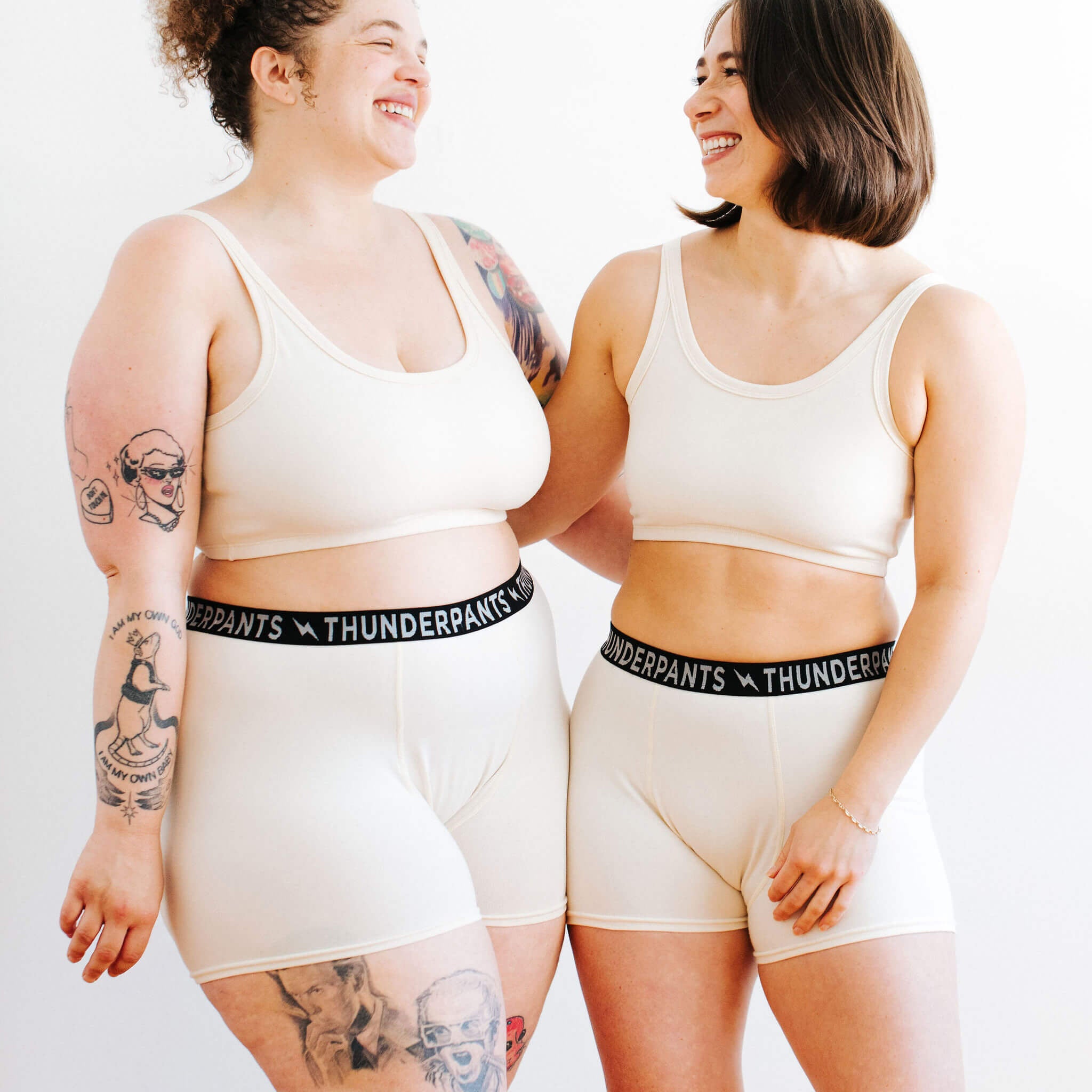 Photo of two models from the front in Thunderpants organic cotton Boxer Brief underwear style in Plain Vanilla.