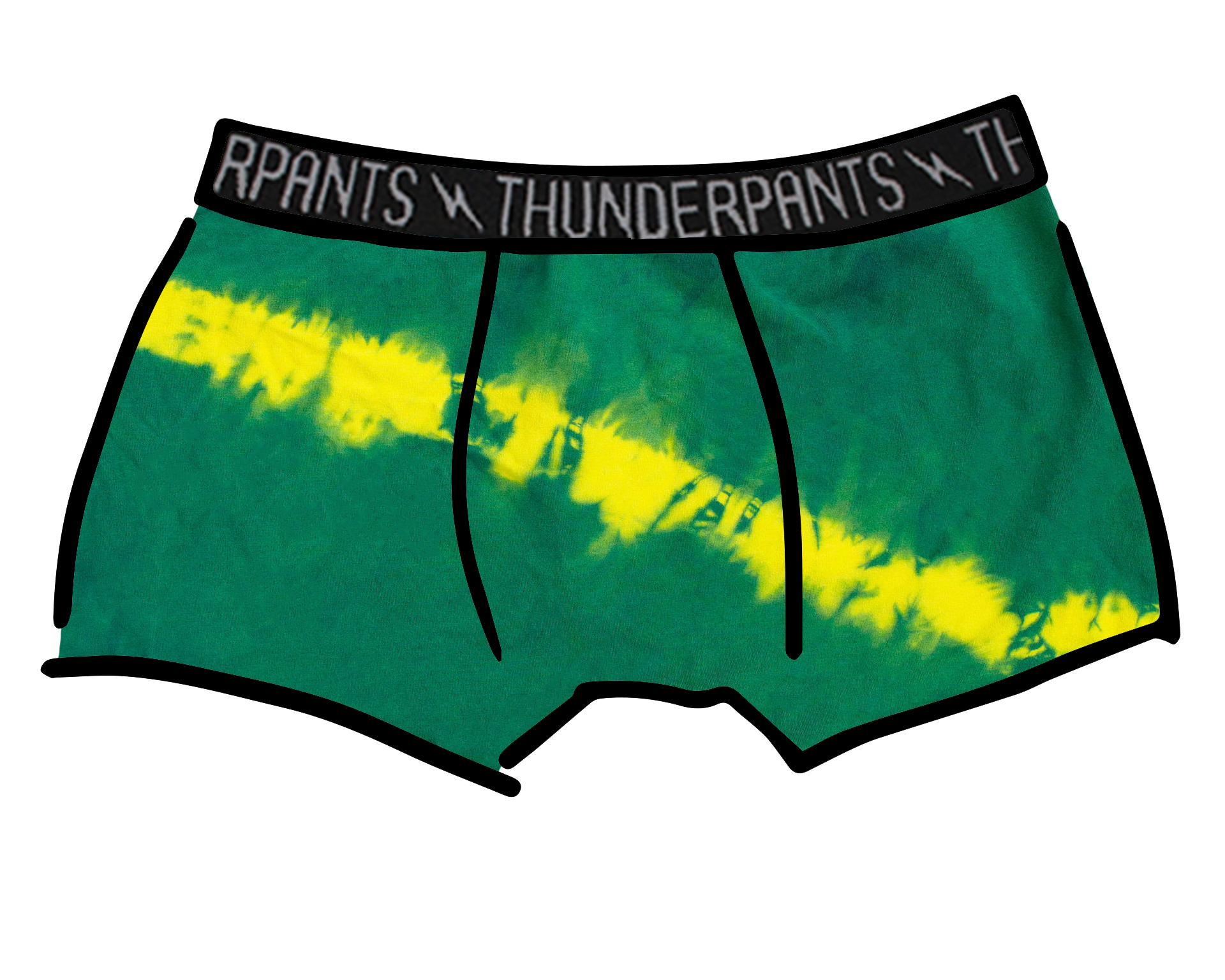Drawing of Thunderpants Boxer Brief style underwear in Lightning Bolt hand dye - green/blue with yellow stripe.