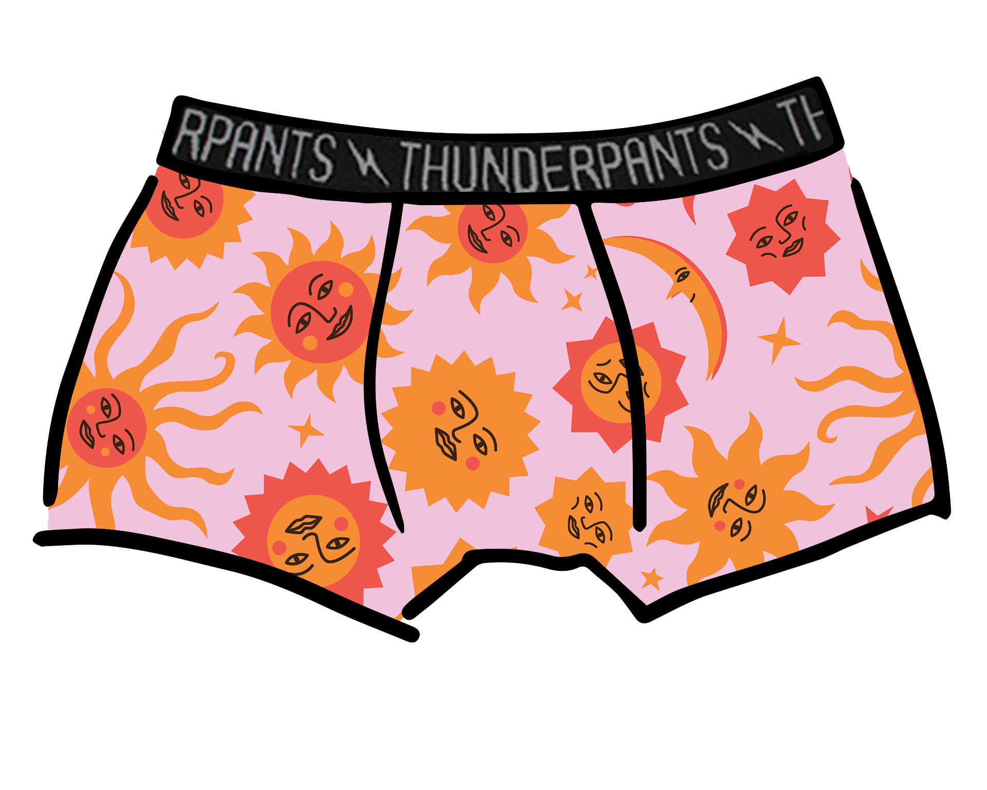 Drawing of Thunderpants Boxer Brief style underwear in Luna y Sol print - pink, yellow, and orange suns and moons.