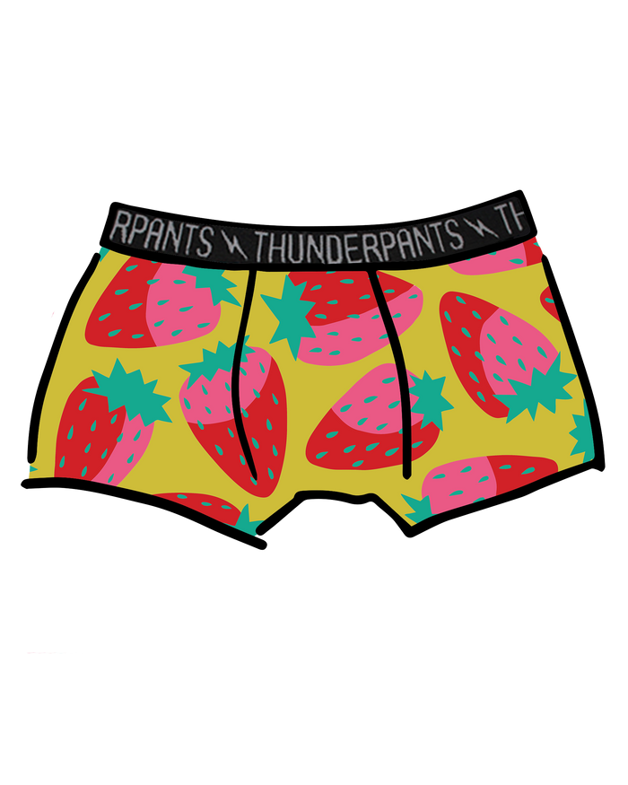 Drawing of Thunderpants Boxer Brief in a Strawberry print - pink, red, and peacock green on chartreuse.