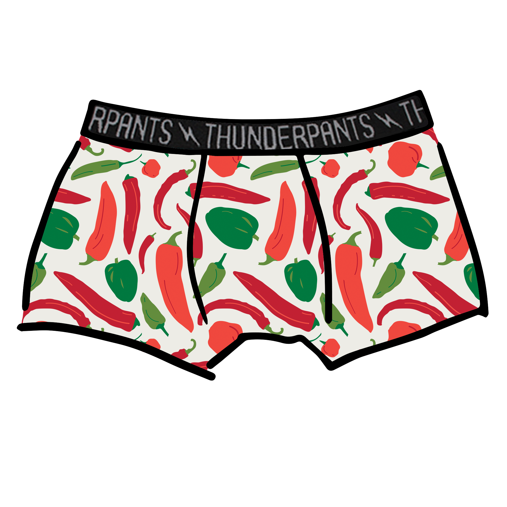 Drawing of Thunderpants Boxer Brief style underwear in Hot Pants print.