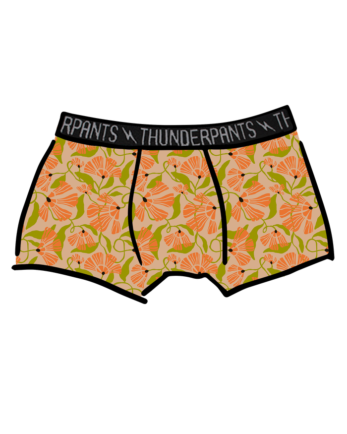 Drawing of Thunderpants Boxer Brief style underwear in Secret Garden print.