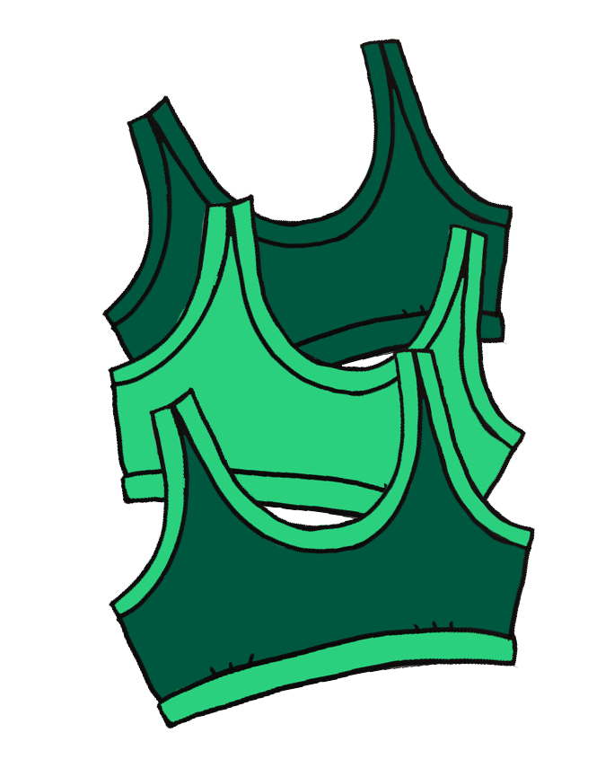 Drawing of a three pack of different green colored Bralettes.
