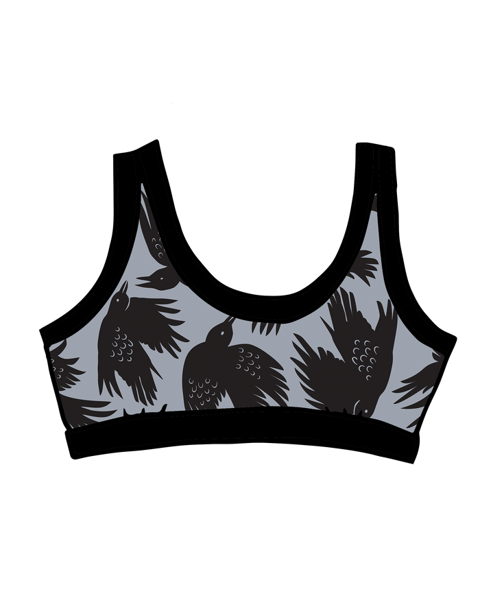 Drawing of Thunderpants Bralette in So it Crows - black birds on grey.
