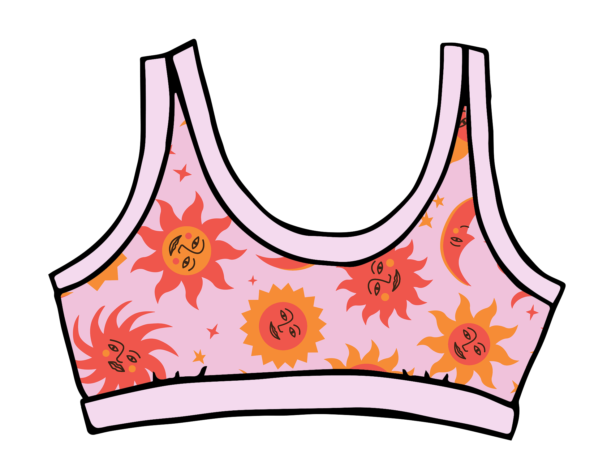 Drawing of Thunderpants Bralette in Luna y Sol print - pink, yellow, and orange suns and moons.