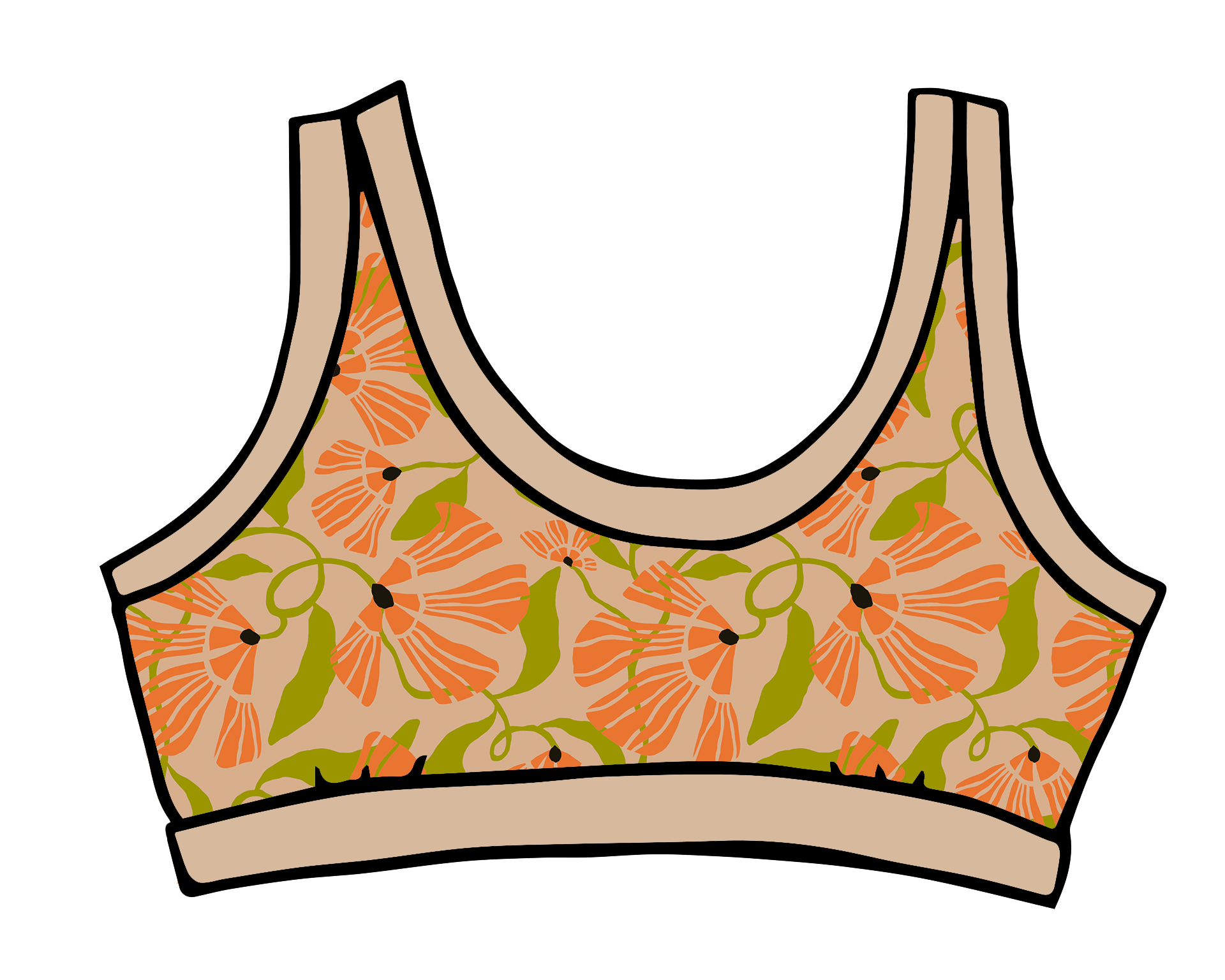 Drawing of Thunderpants Bralette in Secret Garden print - orange and green flowers on tan.