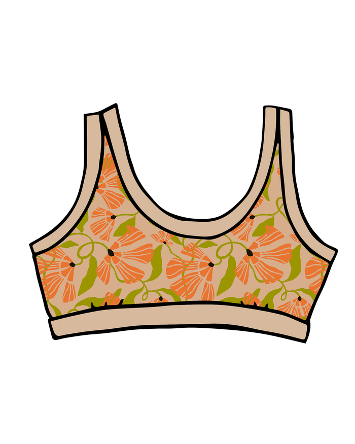 Drawing of Thunderpants Bralette in Secret Garden print - orange and green flowers on tan.