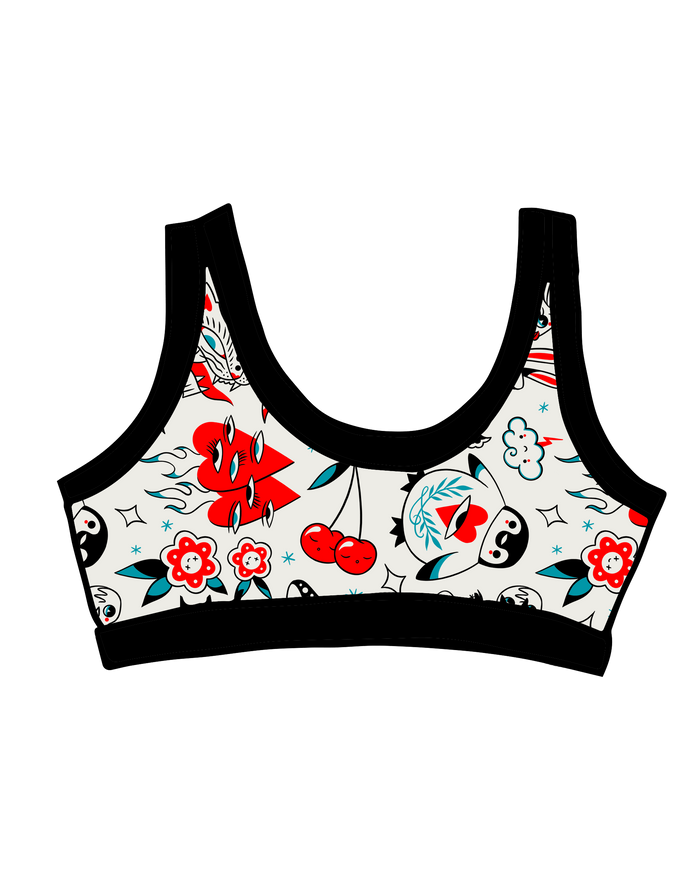 Drawing of Thunderpants Bralette in Inked Up - a tattoo pattern with black, red, and blue.