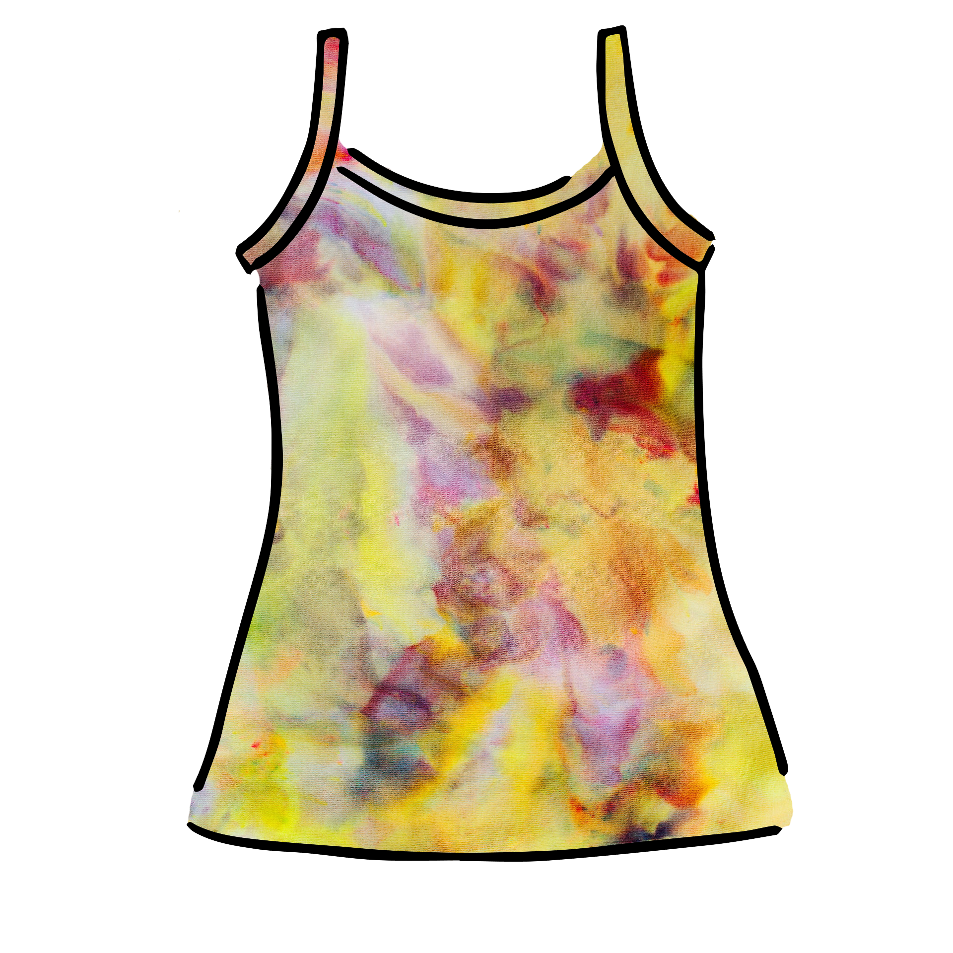 Drawing of Thunderpants Cami in Citrus Blossom Dye - hand dyed yellow, pink, and purple.
