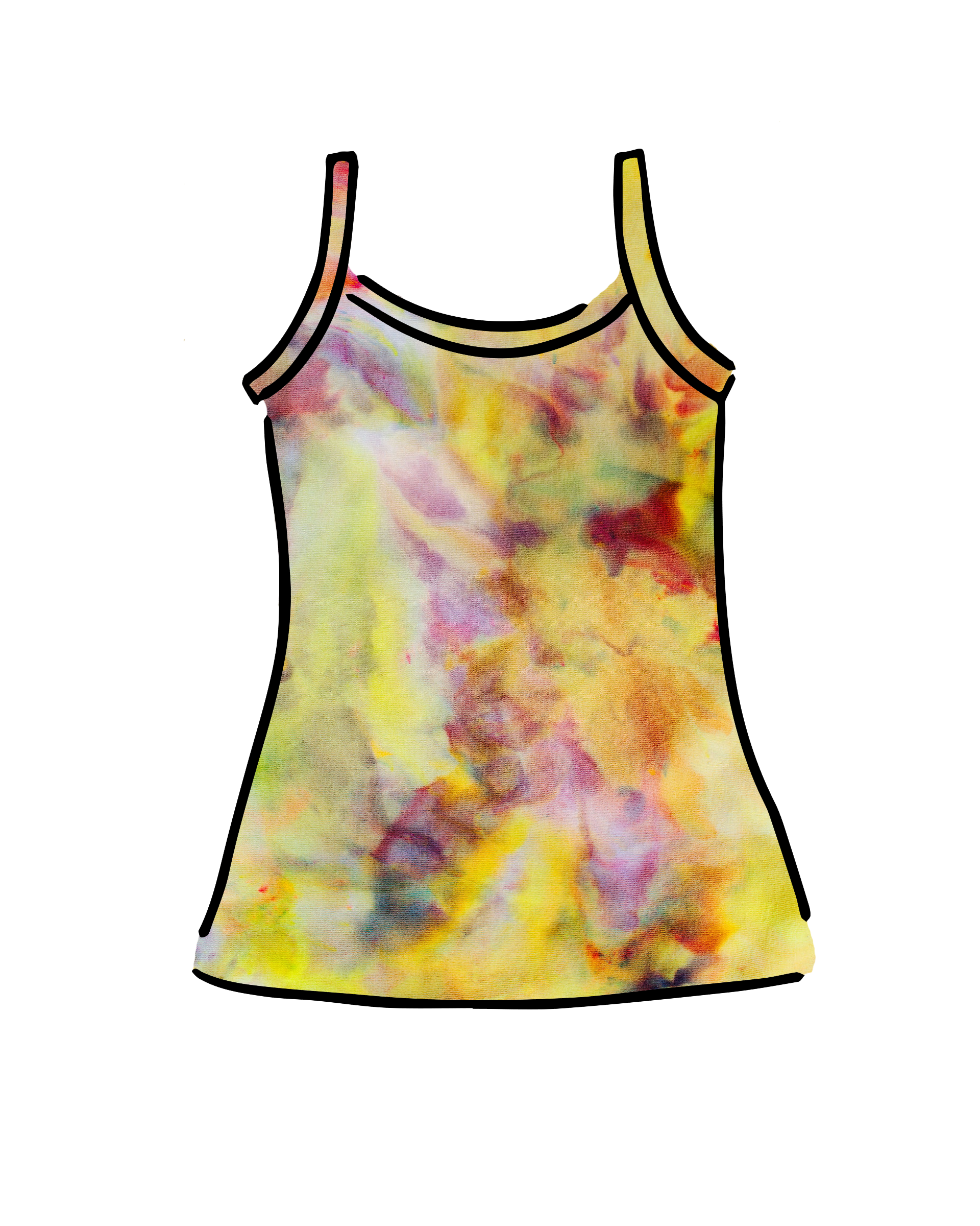 Drawing of Thunderpants Cami in Citrus Blossom Dye - hand dyed yellow, pink, and purple.