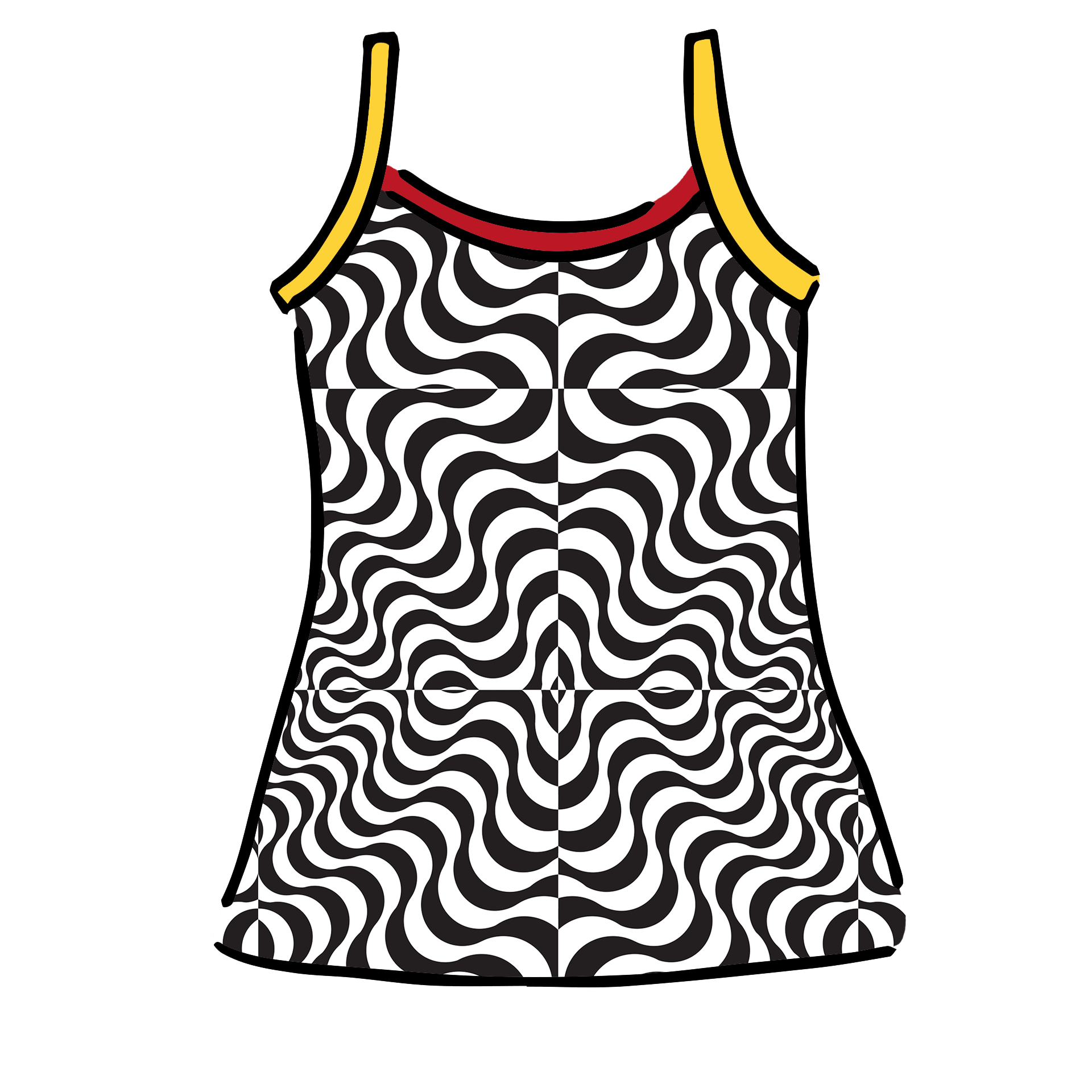 Drawing of Thunderpants Camisole in Tropical Trippy - black and white squiggles with red and yellow binding.