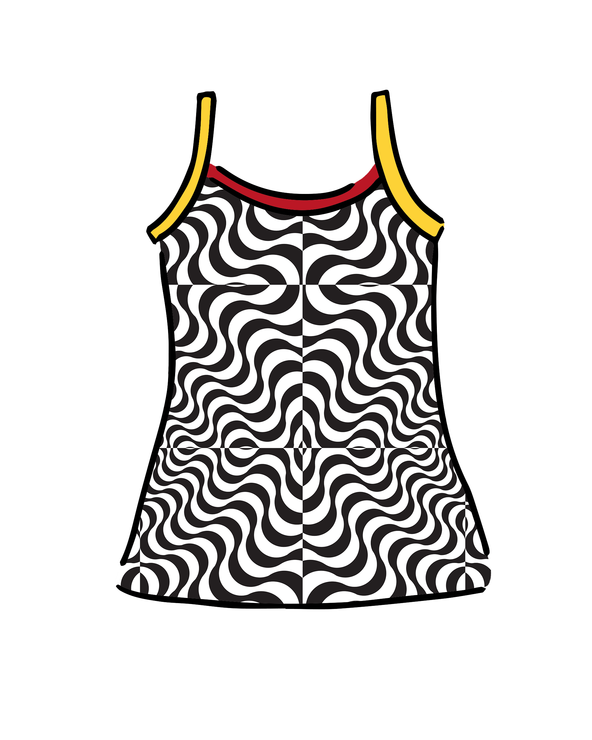Drawing of Thunderpants Camisole in Tropical Trippy - black and white squiggles with red and yellow binding.