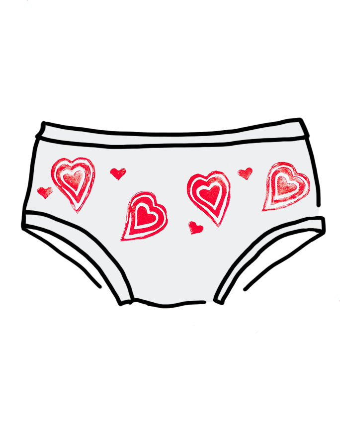 Drawing of Thunderpants Hipster style underwear with hand printed red hearts on Vanilla.