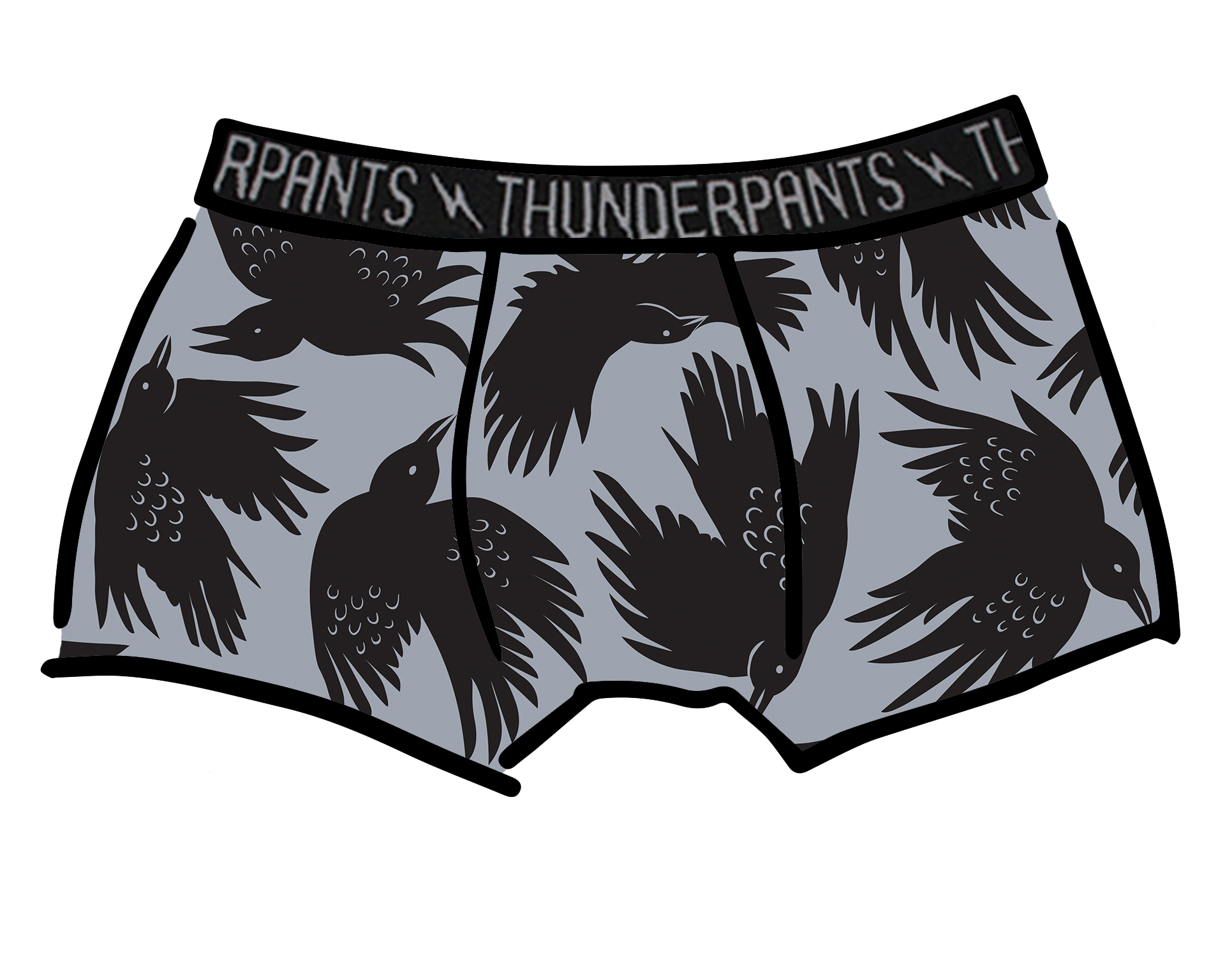 Drawing of Thunderpants Boxer Brief style underwear in So it Crows print - black crows on grey.
