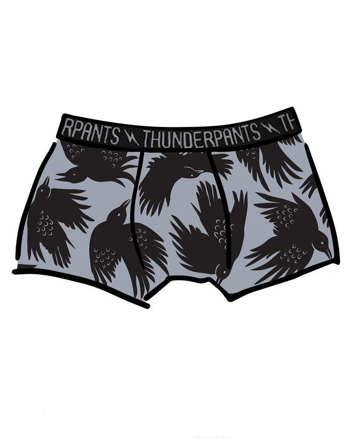 Drawing of Thunderpants Boxer Brief style underwear in So it Crows print - black crows on grey.