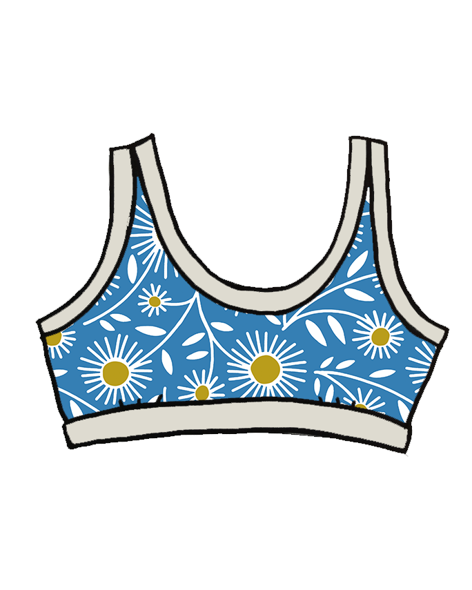 Drawing of Thunderpants Bralette in Daisy Days print: blue with white and yellow daisies.