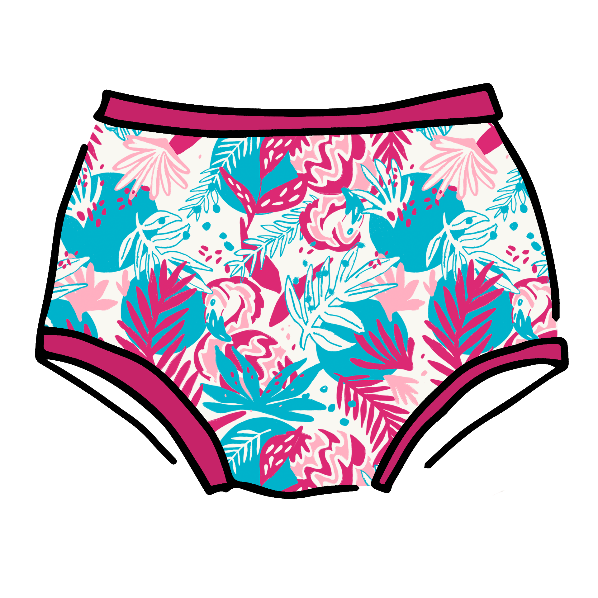 Drawing of Thunderpants Original style underwear in Finding Flamingo print.