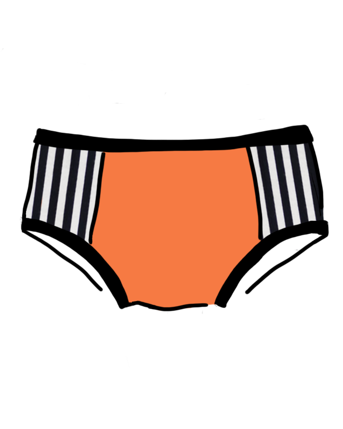 Drawing of Thunderpants Hipster Panel Pants style underwear in Polterpants: Oregon Sunstone with Black and White stripe sides.