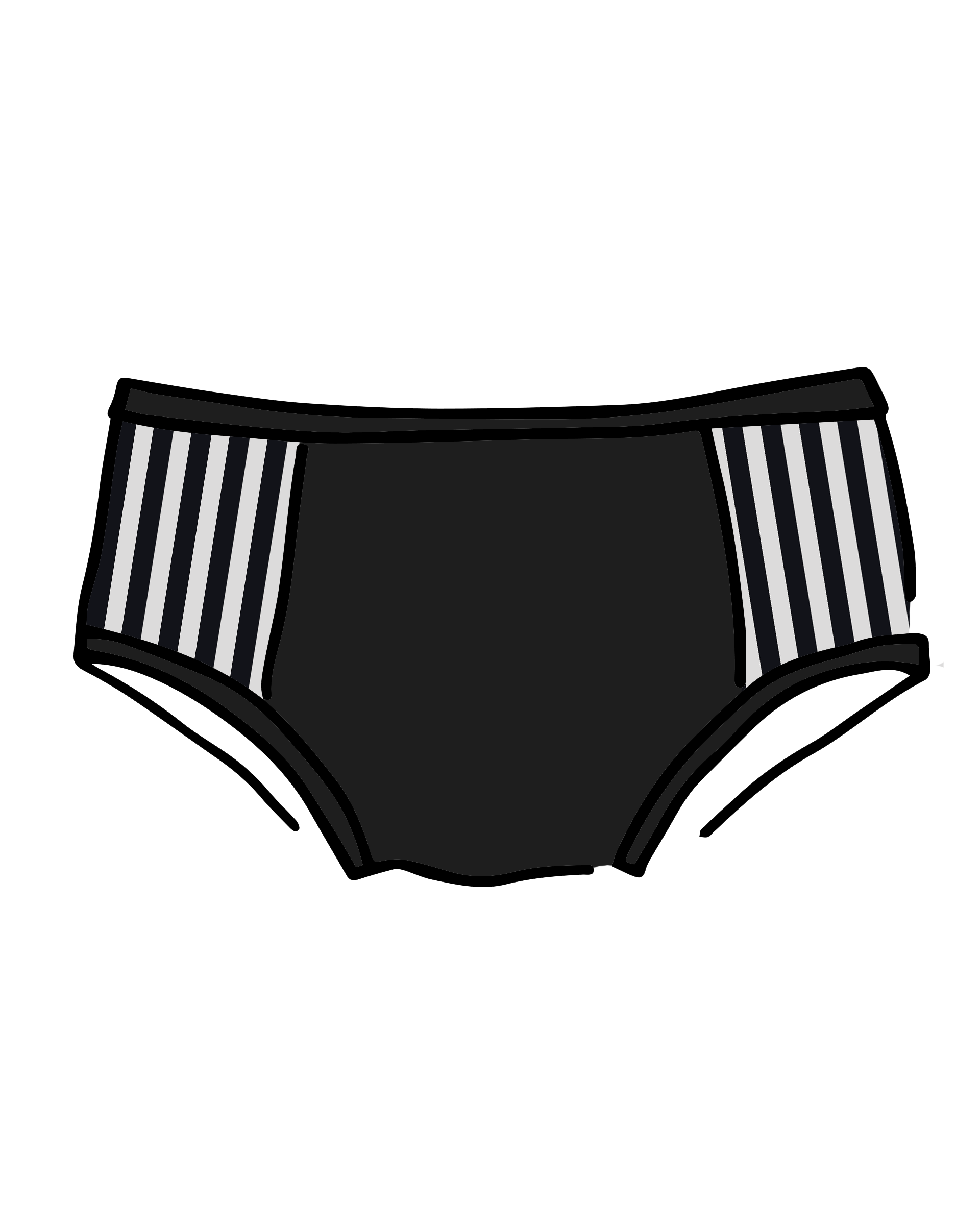 Drawing of Thunderpants Hipster style Panel Pants in Black and White Stripe sides and Black front.