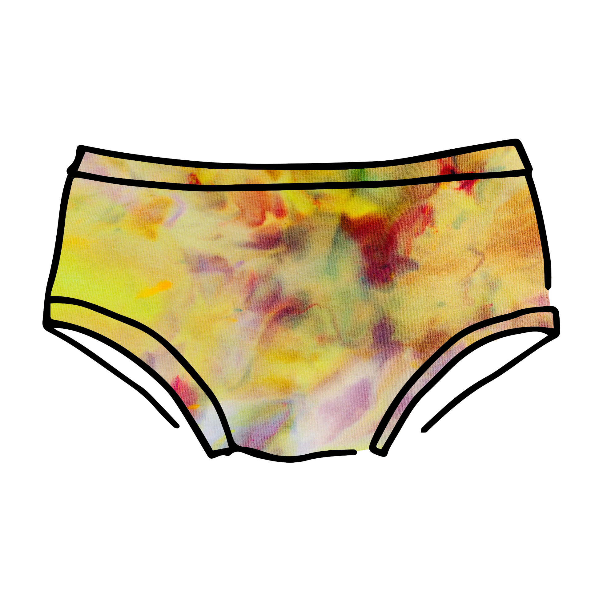 Drawing of Thunderpants Hipster style underwear in Citrus Blossom Dye - hand dyed yellow, pink, and purple.