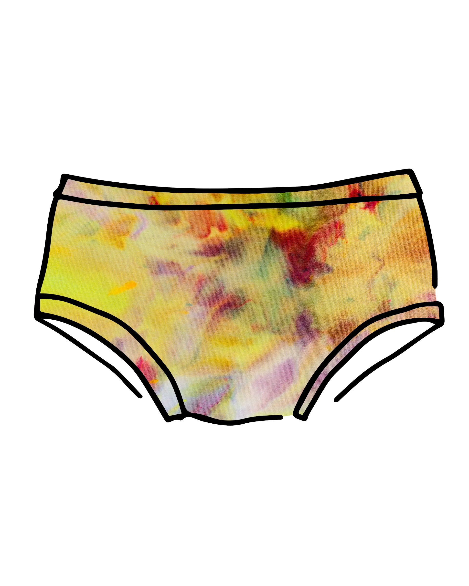 Drawing of Thunderpants Hipster style underwear in Citrus Blossom Dye - hand dyed yellow, pink, and purple.