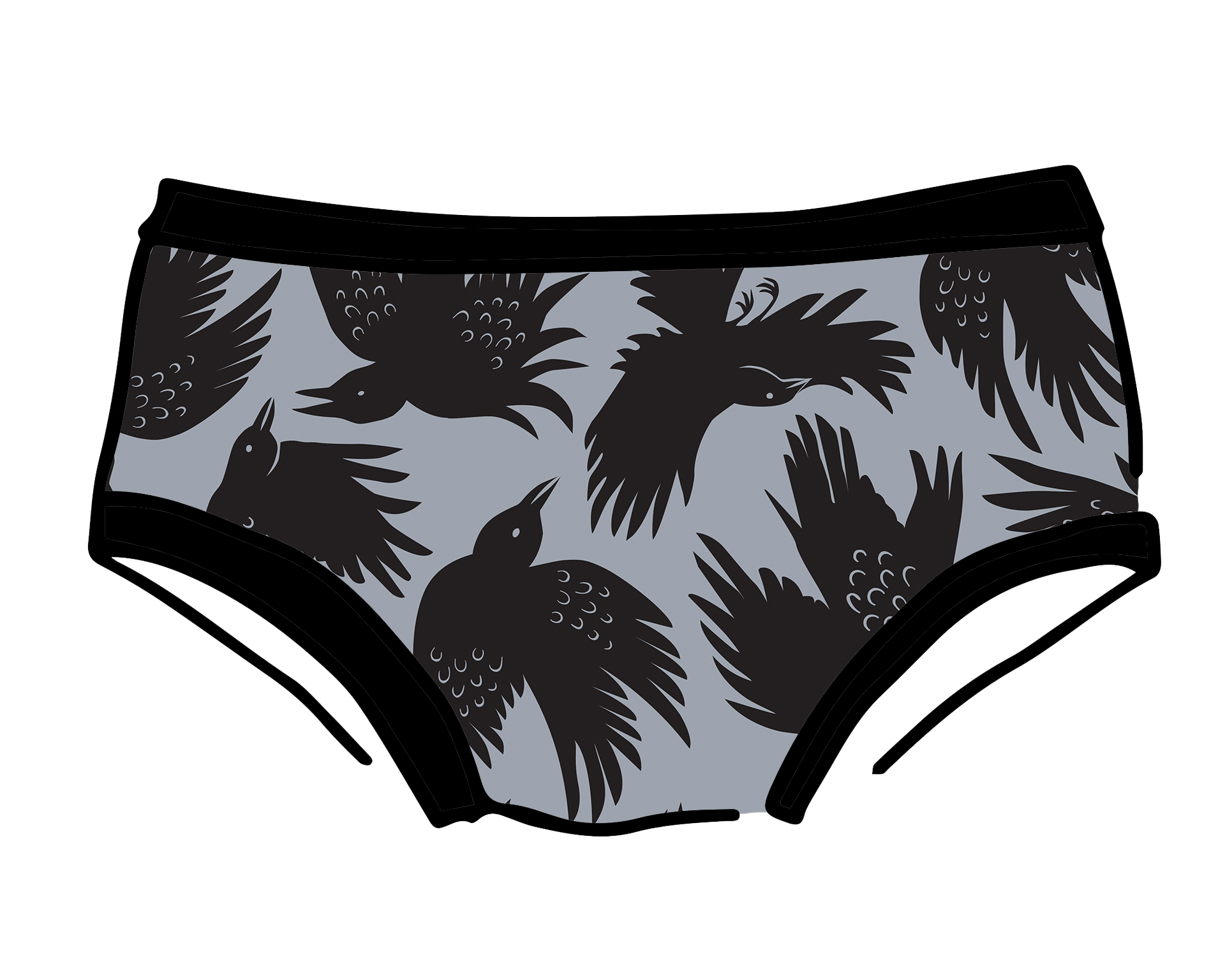 Drawing of Thunderpants Hipster style underwear in So it Crows - black crows on grey.