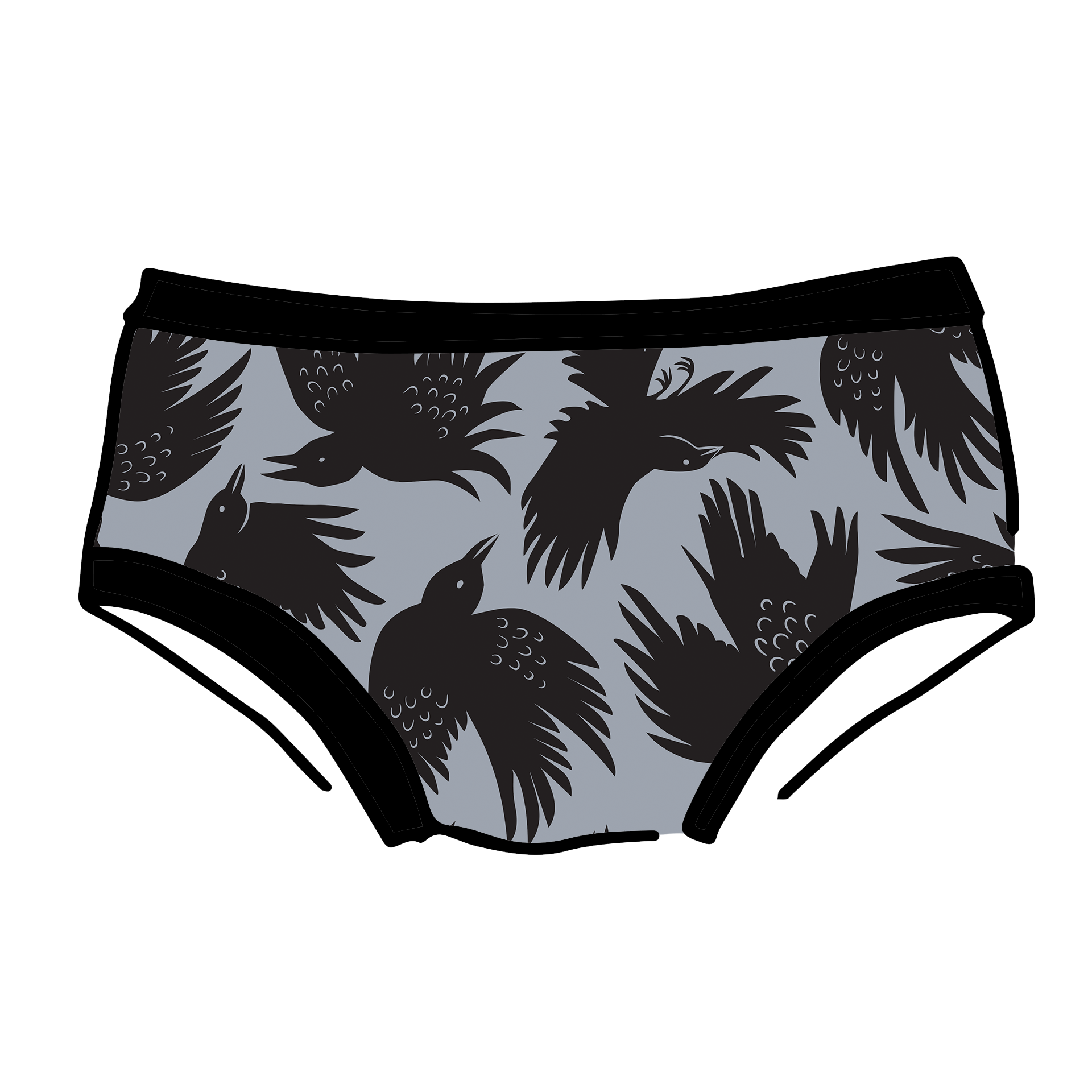 Drawing of Thunderpants Hipster style underwear in So it Crows - black crows on grey.