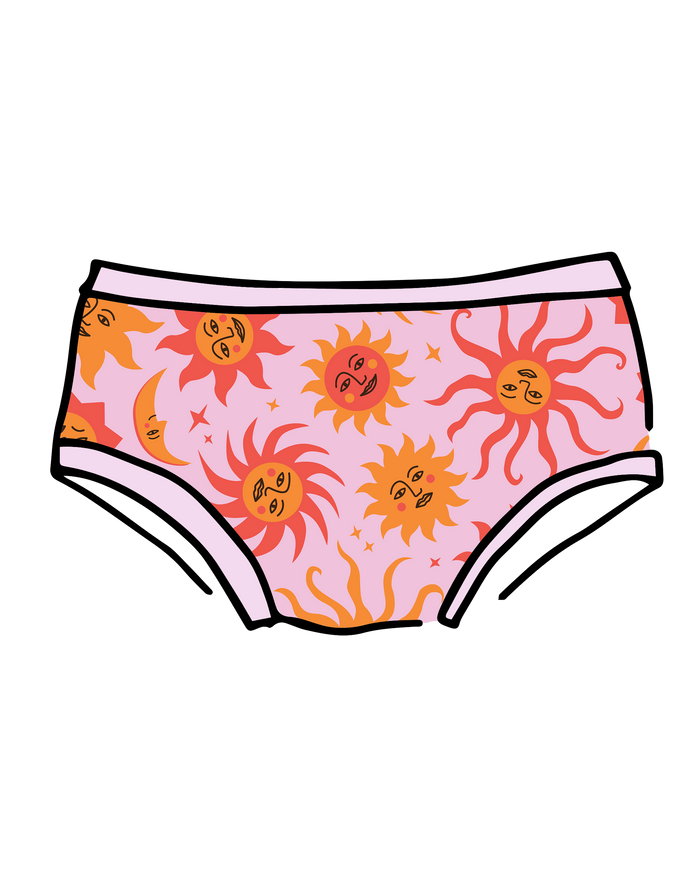 Drawing of Thunderpants Hipster style underwear in Luna y Sol print - pink, yellow, and orange suns and moons.