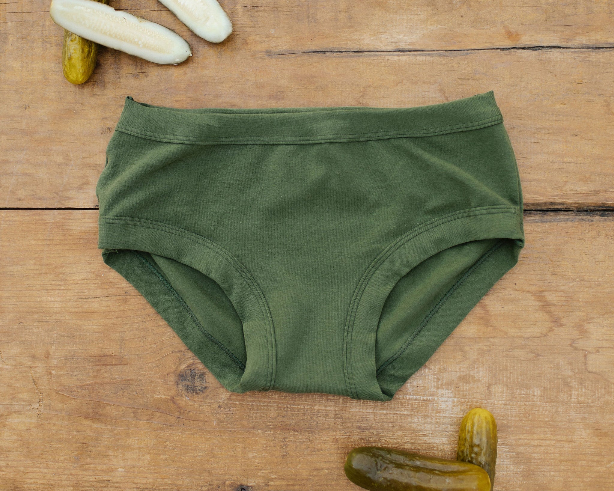 Flat lay of Thunderpants Hipster style underwear in Pickled Green.