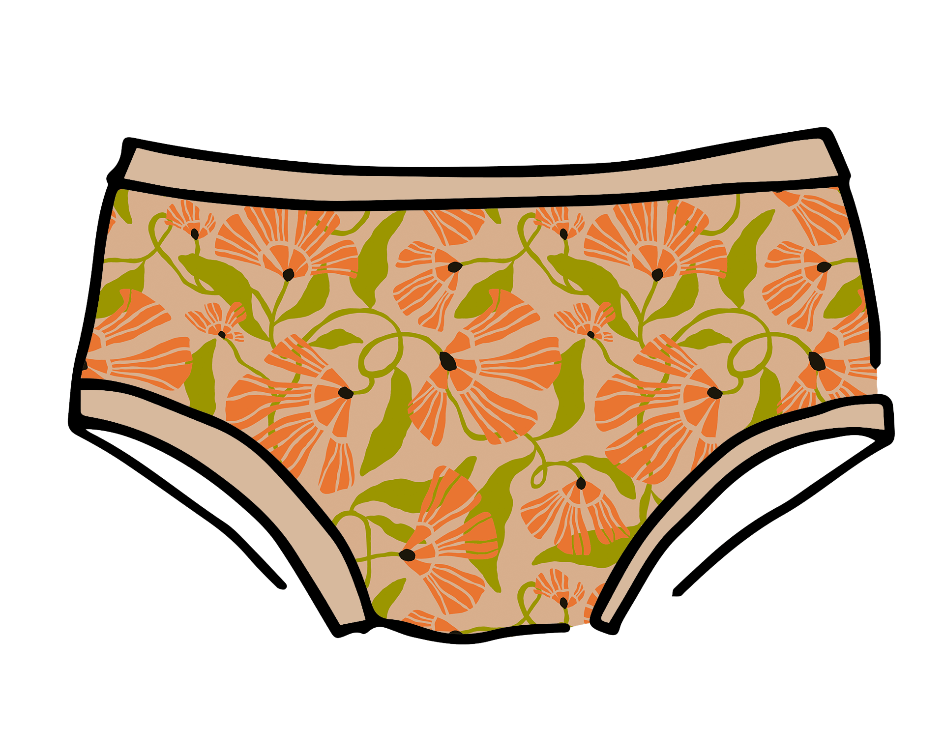 Drawing of Thunderpants Hipster style underwear in Secret Garden - orange flowers and green leaves.