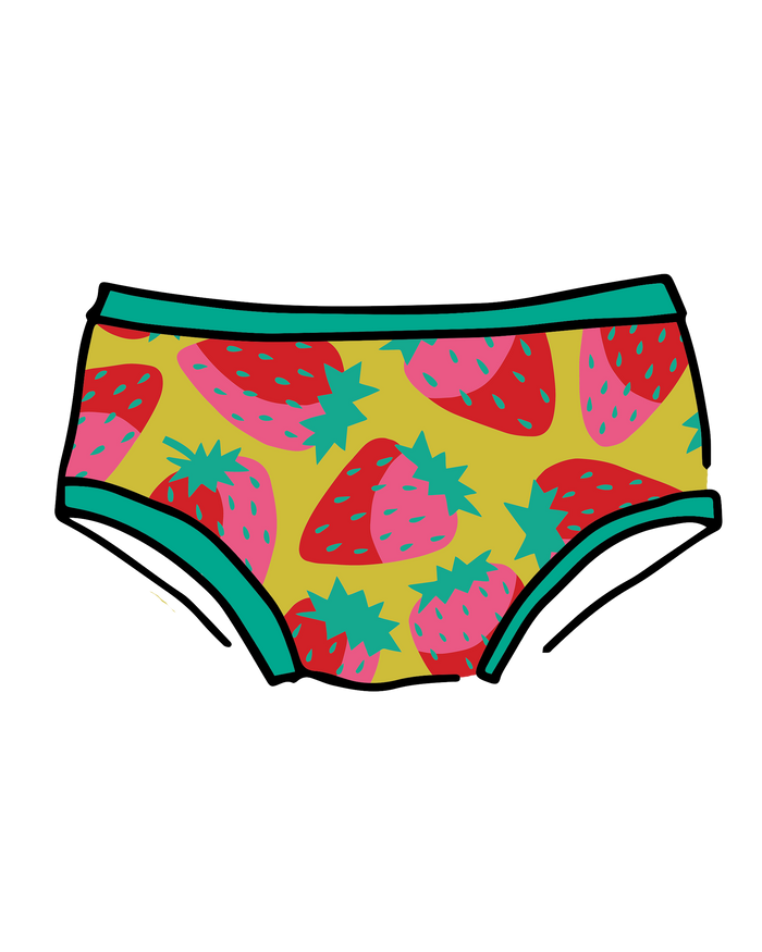 Drawing of Thunderpants Hipster style underwear in a Strawberry print - pink, red, and peacock green on chartreuse.