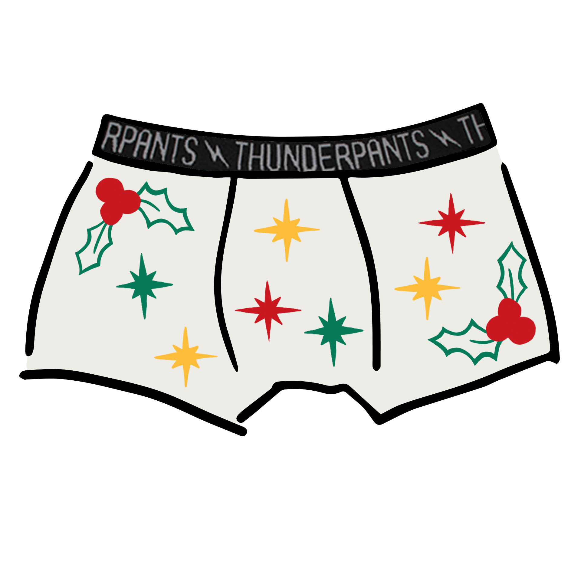 Drawing of Thunderpants Boxer Brief in Holly Holiday handprint.