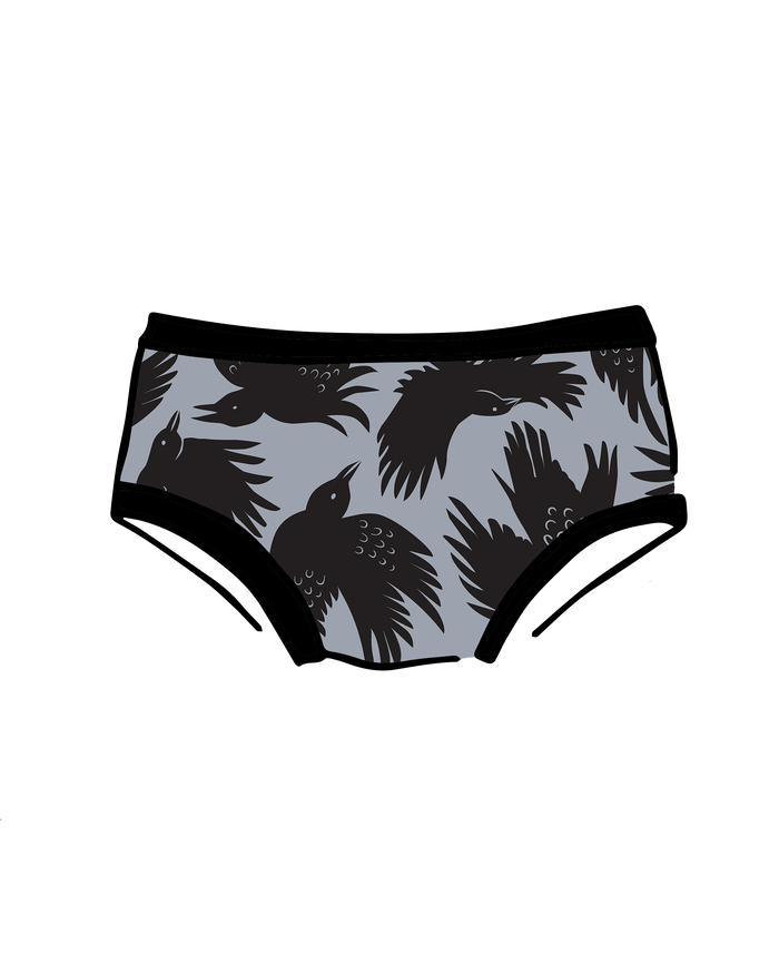 Drawing of Thunderpants Kid's style underwear in So it Crows - grey with black crows.