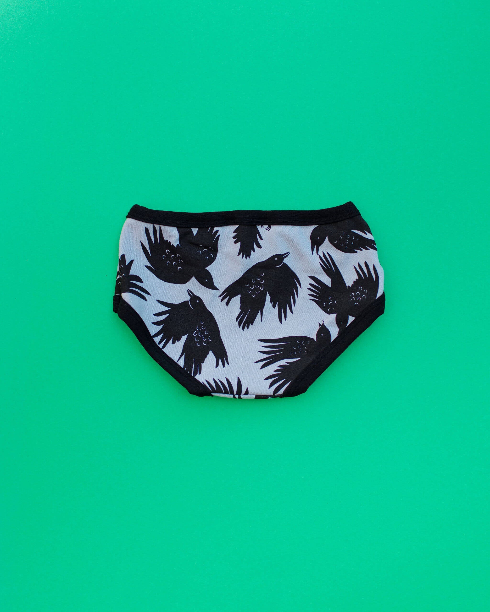 Flat lay of Thunderpants Kid's style underwear in So it Crows - grey with black crows.